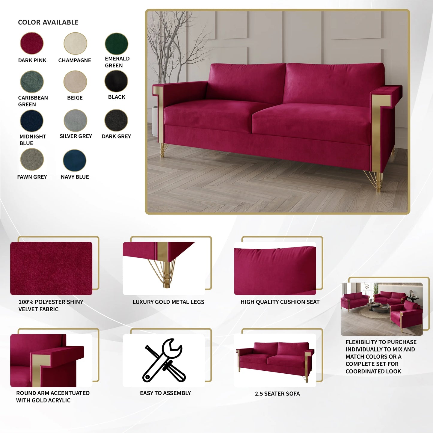 Comtemporary Glam Velvet Upholstered Sofa, Carribean Green