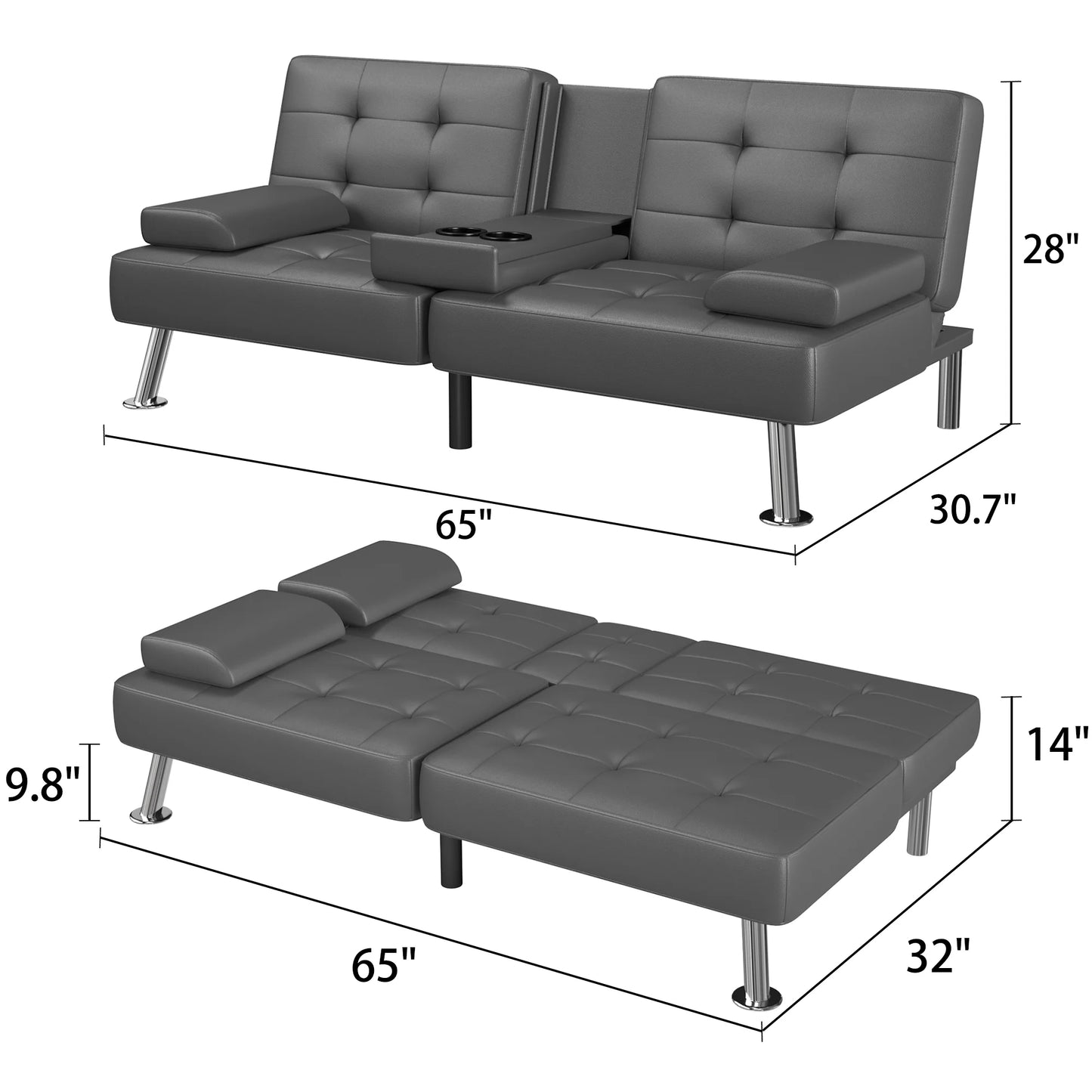 Futon Sofa Bed Faux Leather Couch Modern Convertible Folding Recliner with 2 Cup Holders