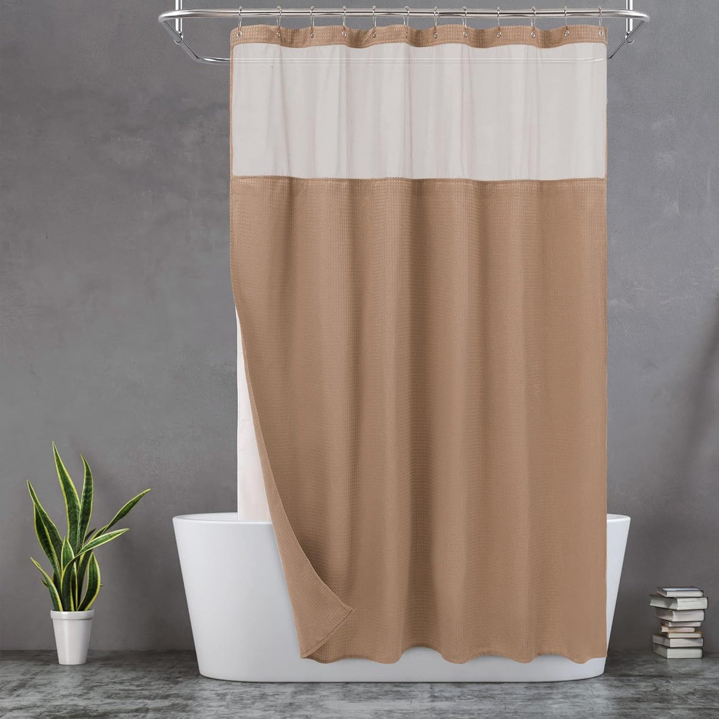 Waffle Weave Shower Curtain with Snap-In Fabric Liner & Hooks Set - Hotel Style, Waterproof & Washable, Heavyweight Fabric & Mesh Top Window - 71X72, Sage Green