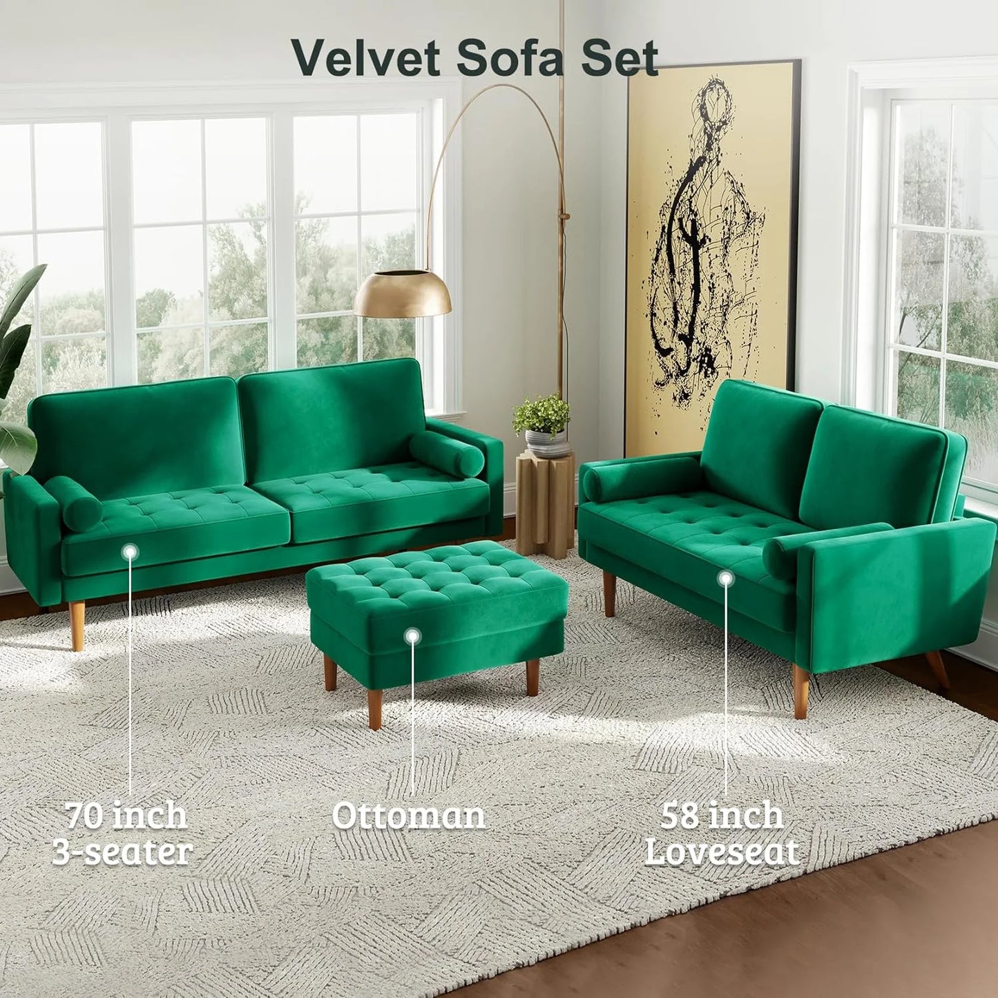 59" Velvet Spring Sofa Couch for Living Room, Office, Small Space, Solid Wood Leg, One Box, Green