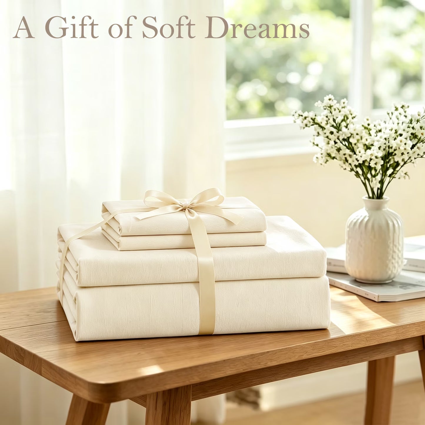 Bed Sheets Set 4 Piece King Sheet Set Cream Cotton Blend Fitted Sheet, Flat Sheet & 2 Pillowcases Bedding Set