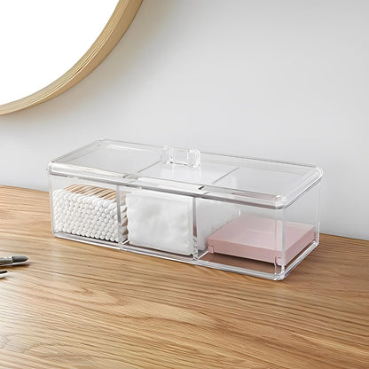 Qtip Holder Rectangle Cotton Ball and Swab Holder Organizer with Lid, Dustproof,Waterproof,Clear Acrylic 3 Compartment Cotton Pad Container for Cotton Swabs, Make up Pads, Cosmetics