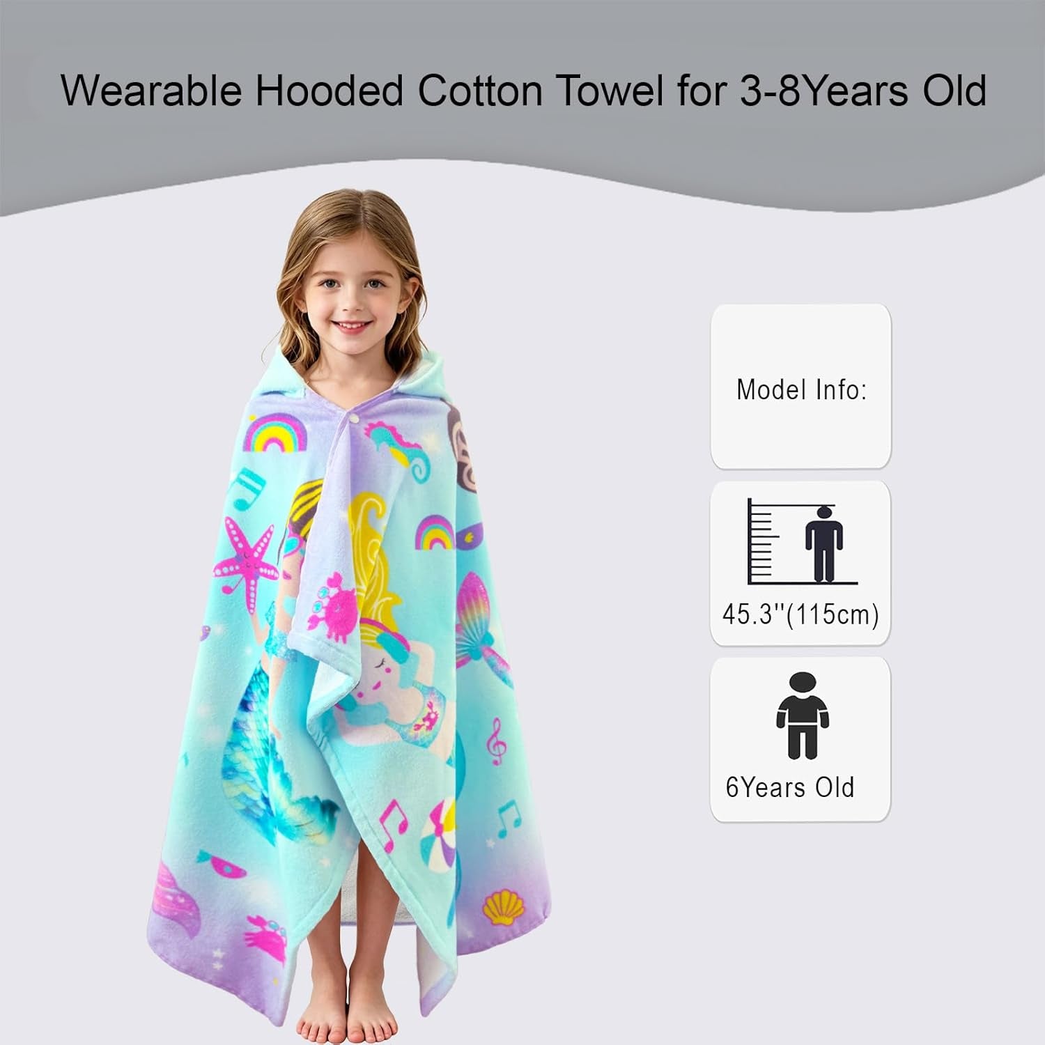Kids Hooded Beach Towel Age 3-8, 30''X50,Soft | Thick | Large | 100% Cotton,Absorbent Beach, Bath, Pool Towels Wrap for Girls, Sea Mermaid