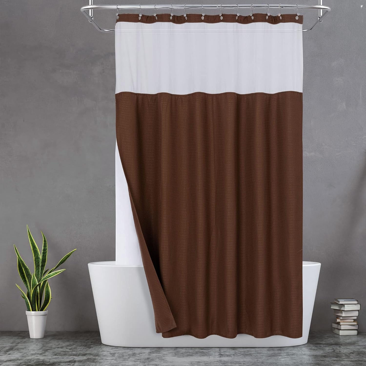 Waffle Weave Shower Curtain with Snap-In Fabric Liner & Hooks Set - Hotel Style, Waterproof & Washable, Heavyweight Fabric & Mesh Top Window - 71X72, Sage Green