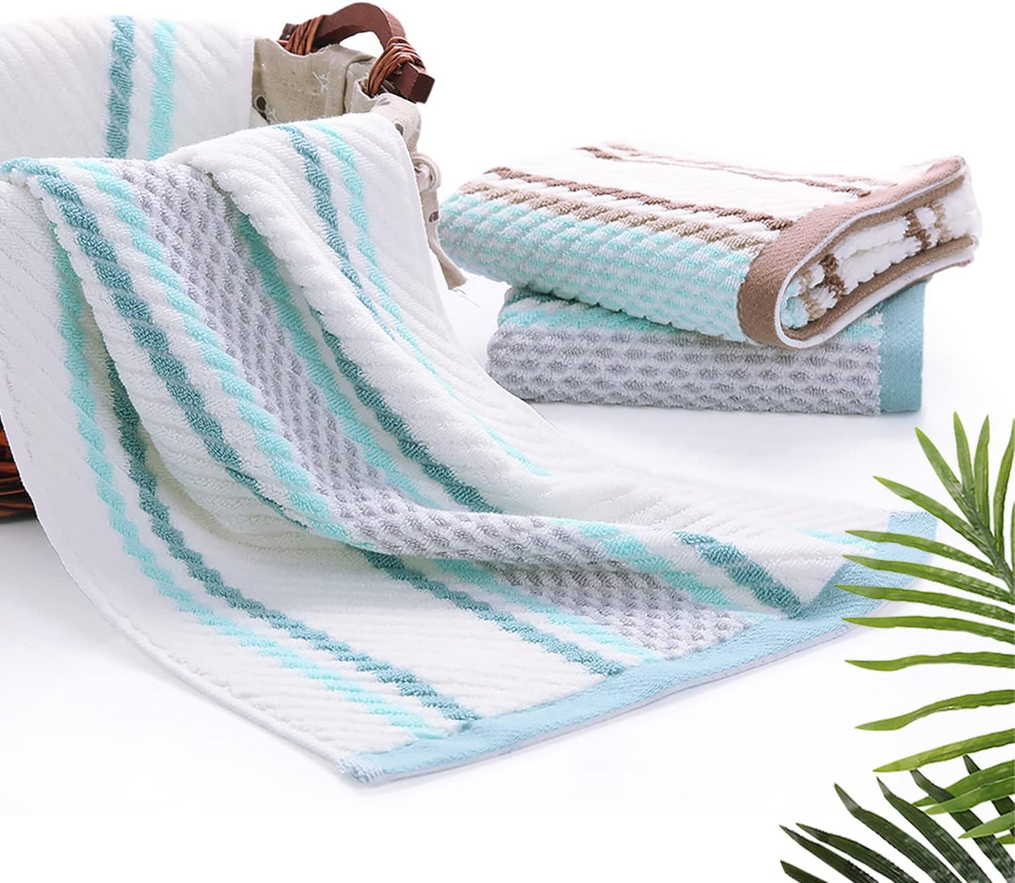 Hand Towels Set of 2 Striped Pattern 100% Cotton Soft Absorbent Decorative Towel for Bathroom (Green)