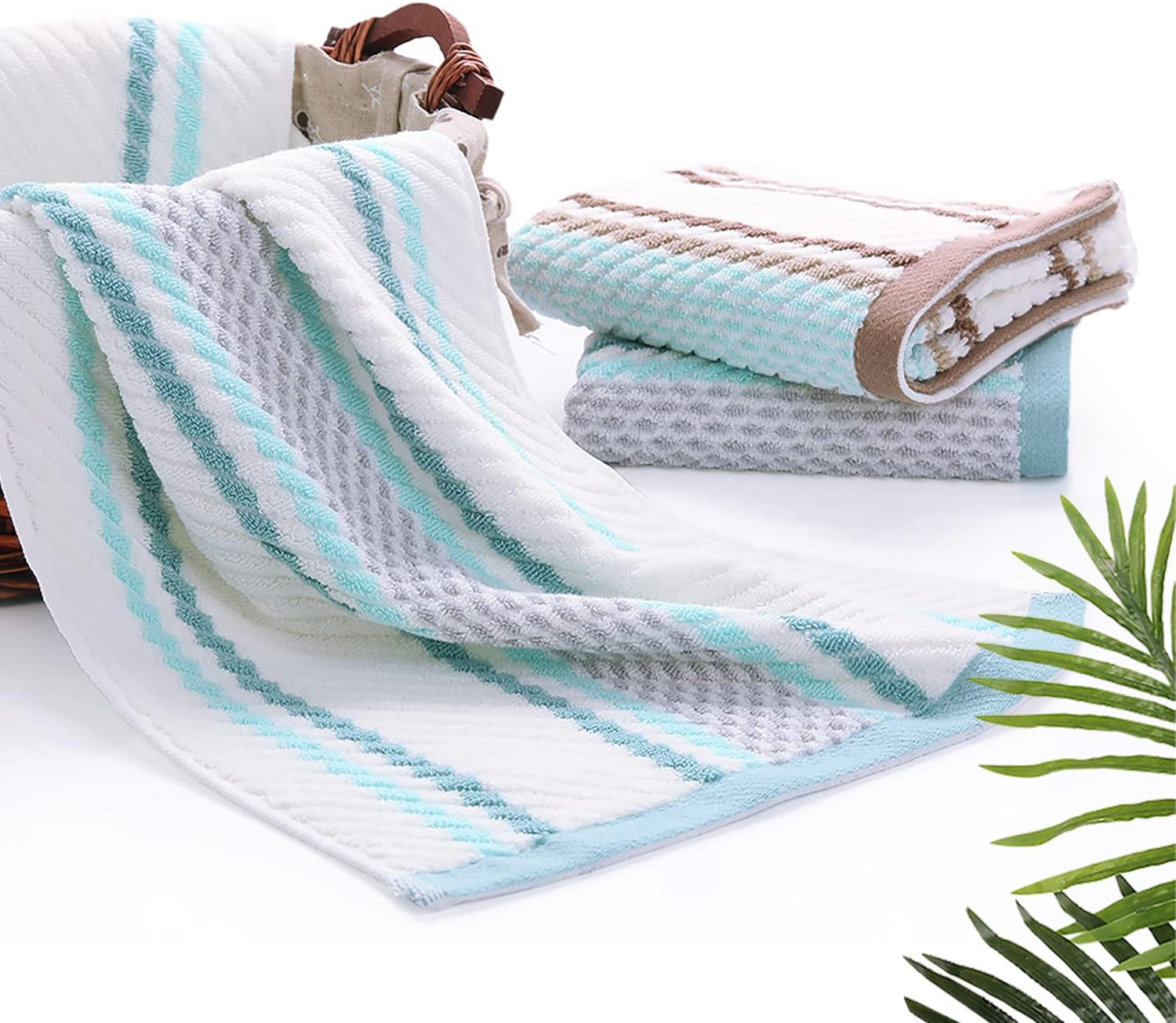Hand Towels Set of 2 Striped Pattern 100% Cotton Soft Absorbent Decorative Towel for Bathroom (Green)