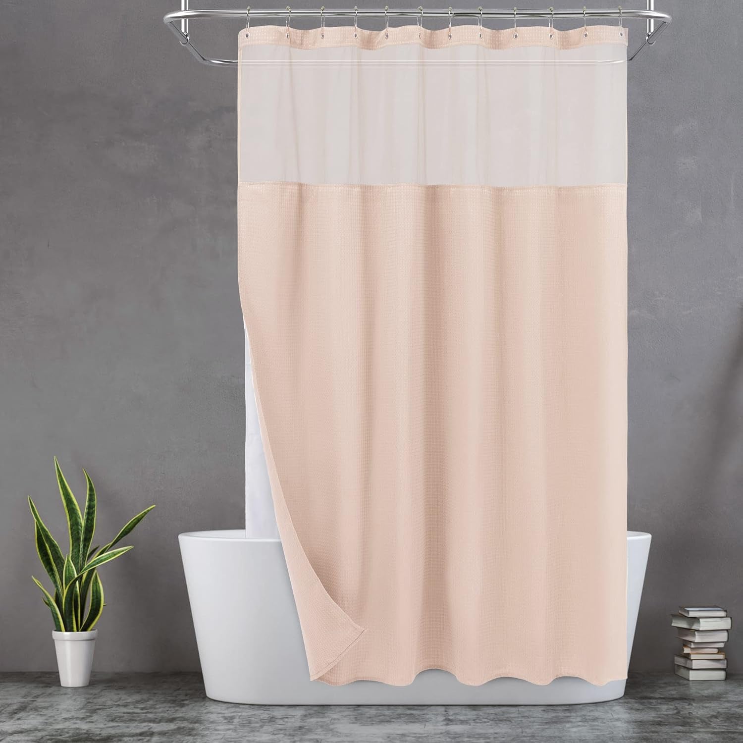 Waffle Weave Shower Curtain with Snap-In Fabric Liner & Hooks Set - Hotel Style, Waterproof & Washable, Heavyweight Fabric & Mesh Top Window - 71X72, Sage Green