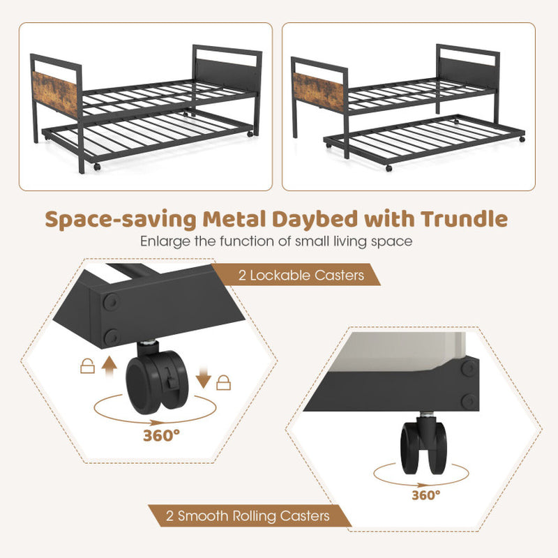 Twin Metal Daybed with Trundle Lockable Wheels