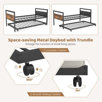 Twin Metal Daybed with Trundle Lockable Wheels