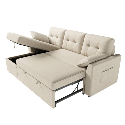 Sectional Sofa with Storage and Soft Seat, Reversible Chaise, Pull Out Bed for Living Room, Beige