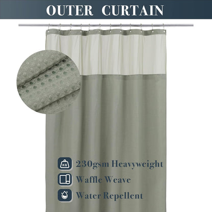 Waffle Weave Shower Curtain with Snap-In Fabric Liner & Hooks Set - Hotel Style, Waterproof & Washable, Heavyweight Fabric & Mesh Top Window - 71X72, Sage Green