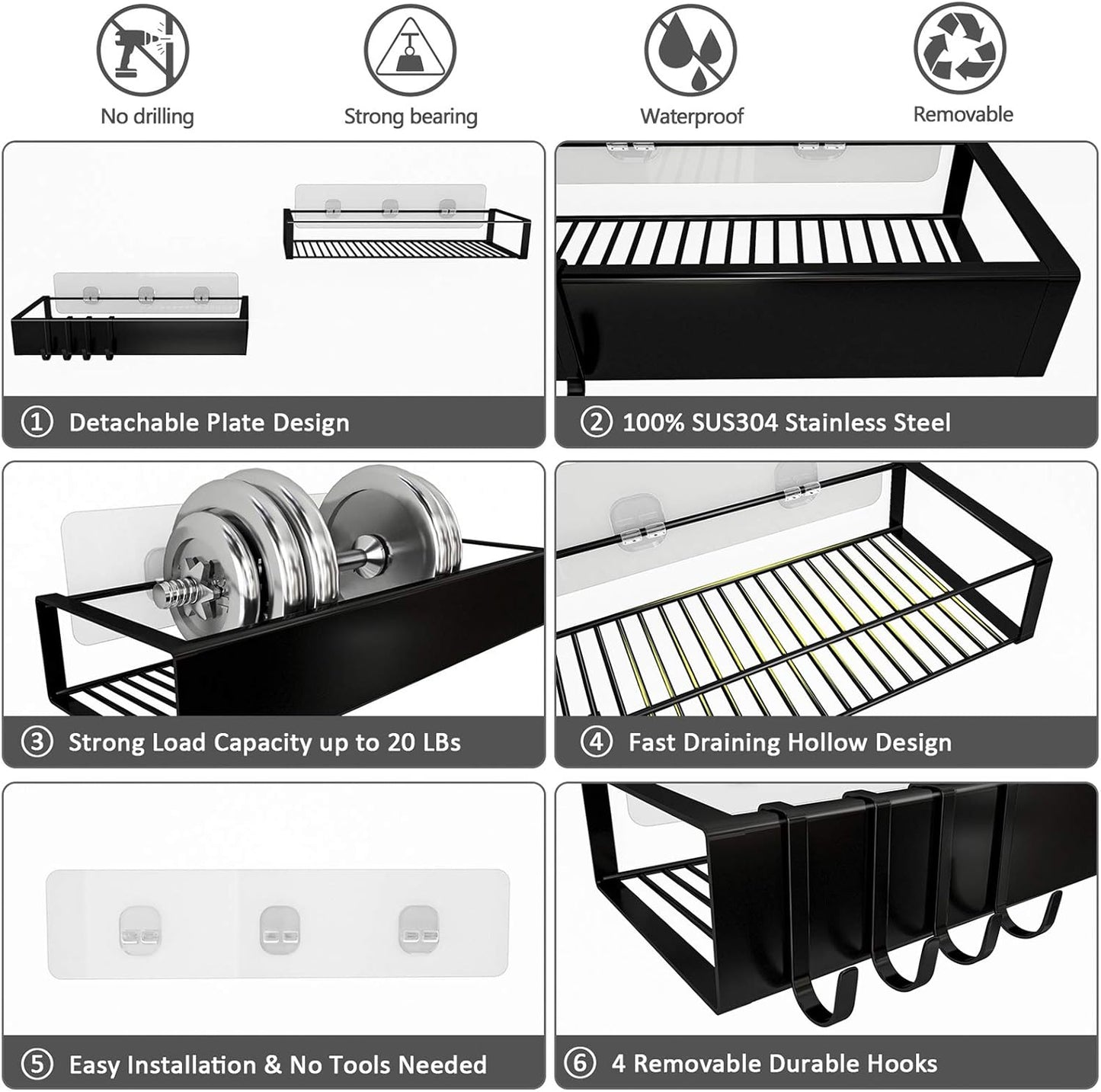 Shower Caddy, Adhesive Shower Organizer with Hooks, Shower Shelves for inside Shower, No Drilling Shower Rack Holder, Shower Storage for Bathroom, Kitchen Spice Rack-2 Pack Black