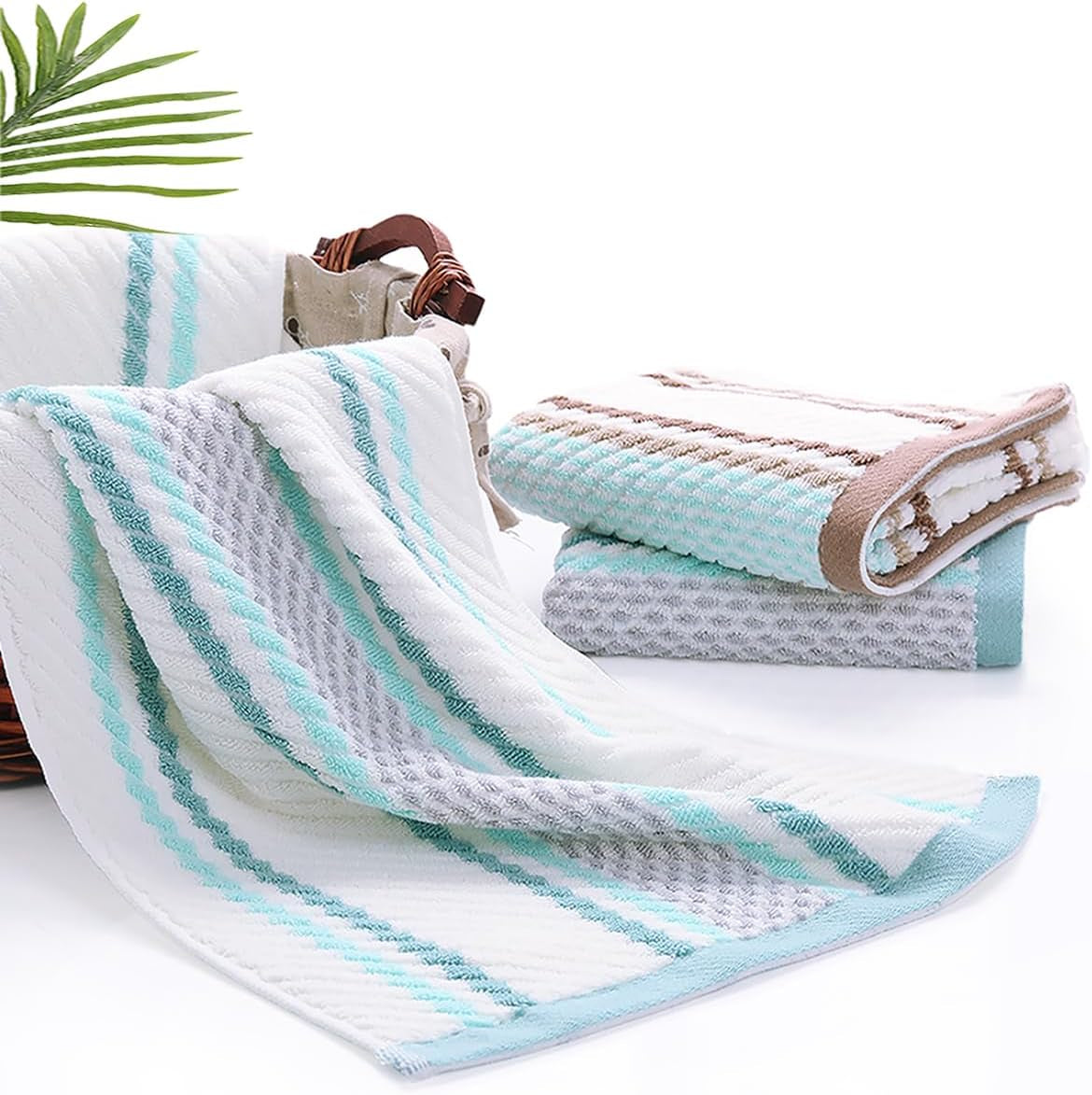 Hand Towels Set of 2 Striped Pattern 100% Cotton Soft Absorbent Decorative Towel for Bathroom (Green)