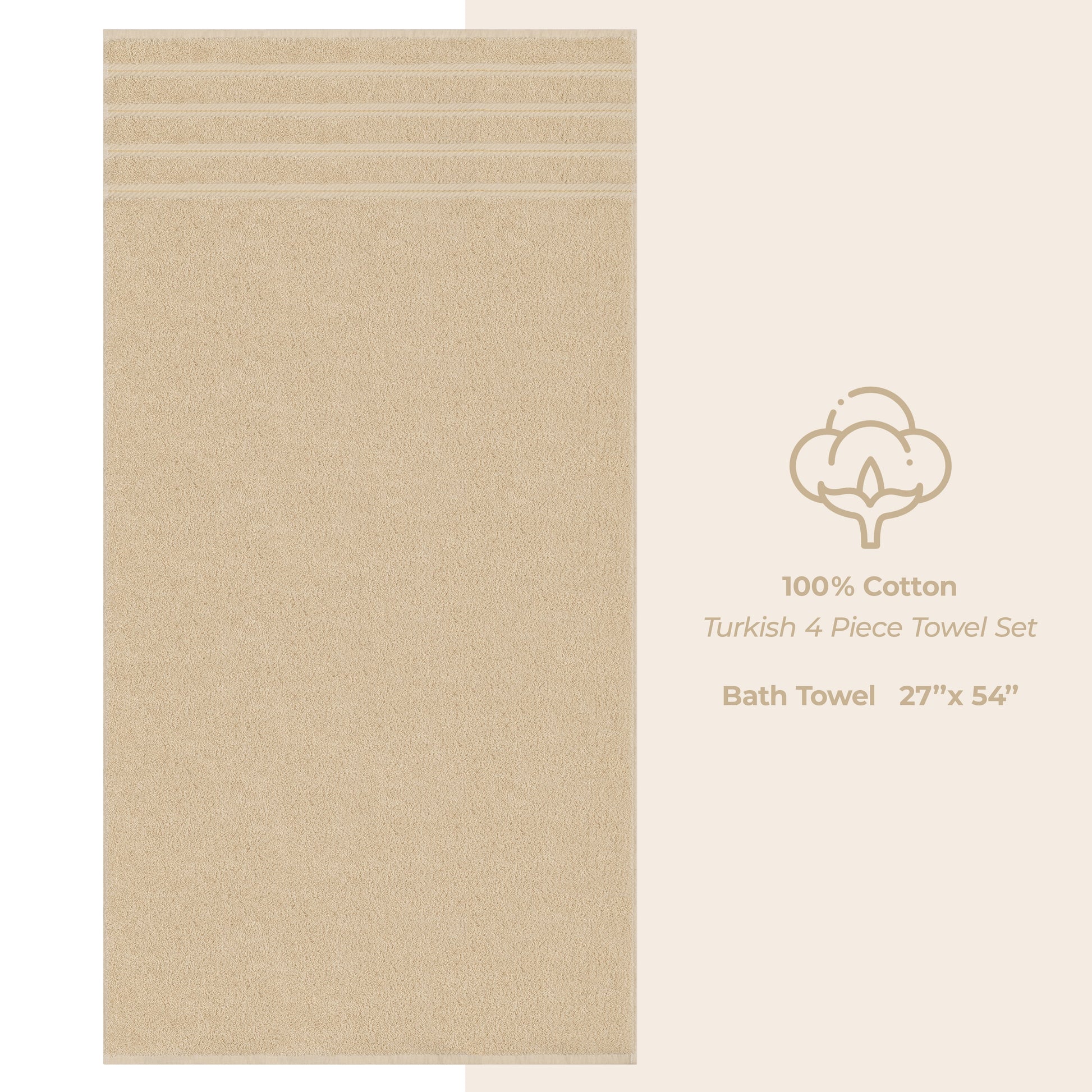 Luxury 4 Piece Bath Towel Set, 100% Cotton Turkish Bath Towels for Bathroom, Beige