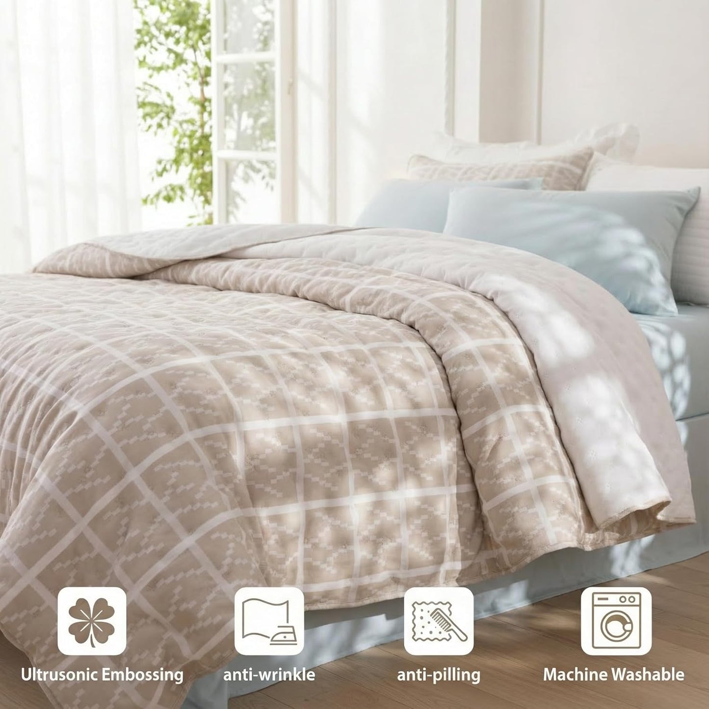 Beige King Size Quilt Set, Oversized Lightweight Textured Bedspread Coverlet with 2 Pillow Shams, Soft Box Stitch Cross Stitch Quilt for All Season Comfort, Tan Beige Bedding, 100"X92"