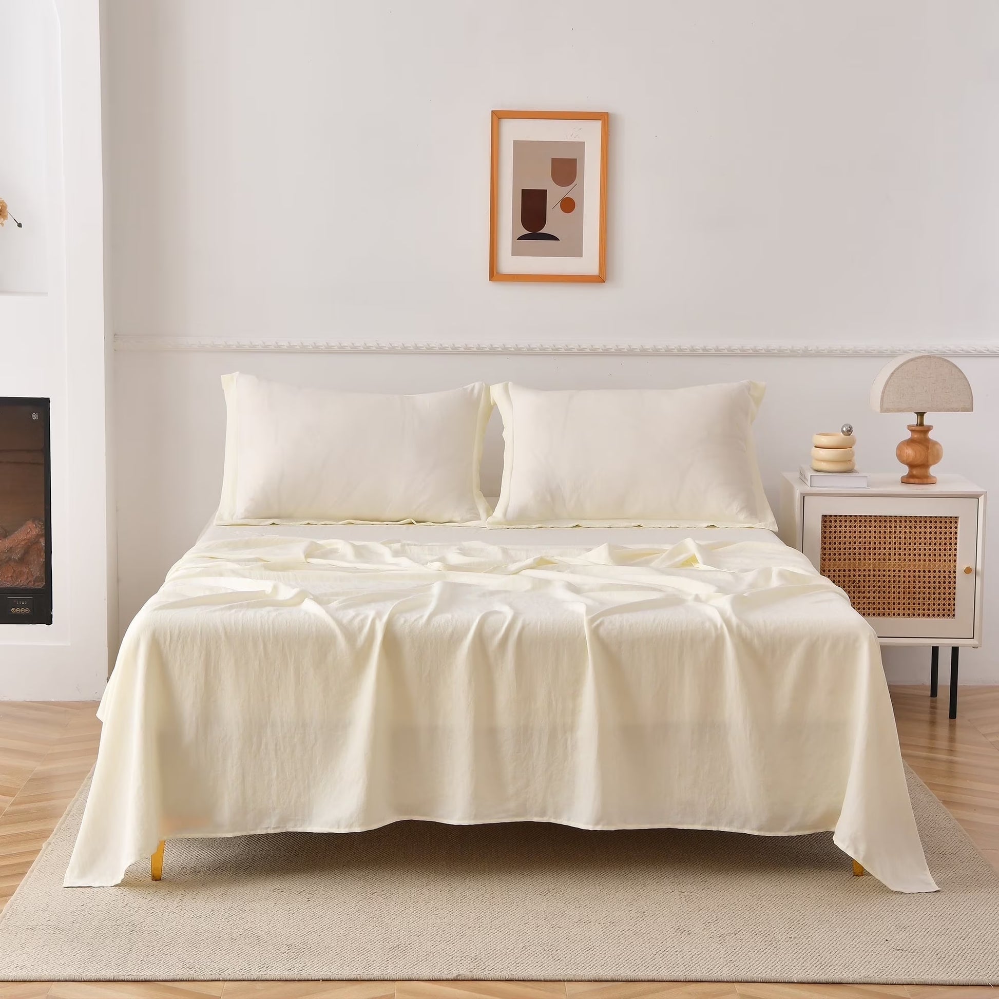Bed Sheets Set 4 Piece King Sheet Set Cream Cotton Blend Fitted Sheet, Flat Sheet & 2 Pillowcases Bedding Set