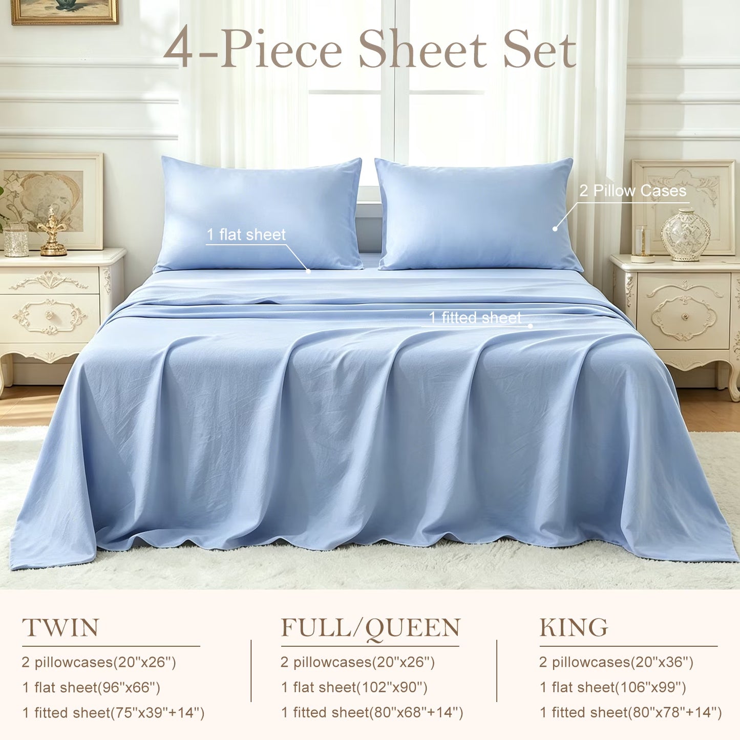Bed Sheets Set 4 Piece Queen/Full Sheet Set Light Blue Microfiber Fitted Sheet, Flat Sheet & 2 Pillowcases Bedding Set