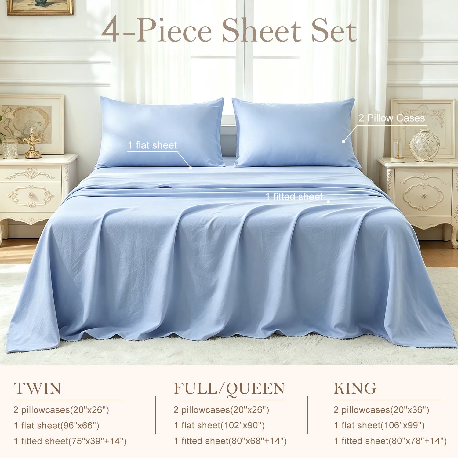 Bed Sheets Set 4 Piece Queen/Full Sheet Set Light Blue Microfiber Fitted Sheet, Flat Sheet & 2 Pillowcases Bedding Set