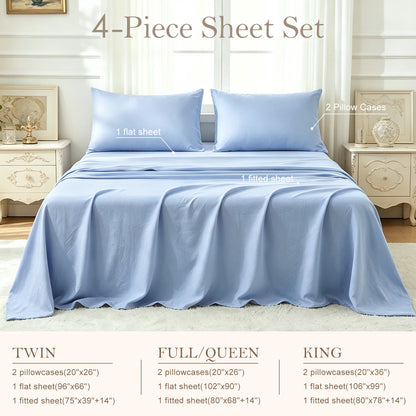Bed Sheets Set 4 Piece Queen/Full Sheet Set Light Blue Microfiber Fitted Sheet, Flat Sheet & 2 Pillowcases Bedding Set