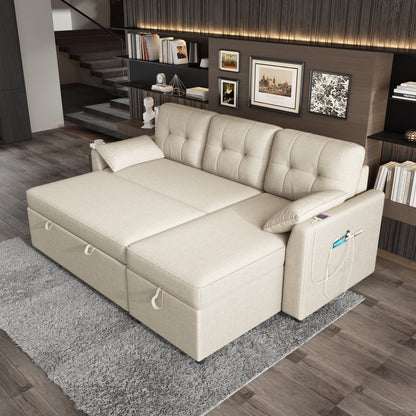Sectional Sofa with Storage and Soft Seat, Reversible Chaise, Pull Out Bed for Living Room, Beige
