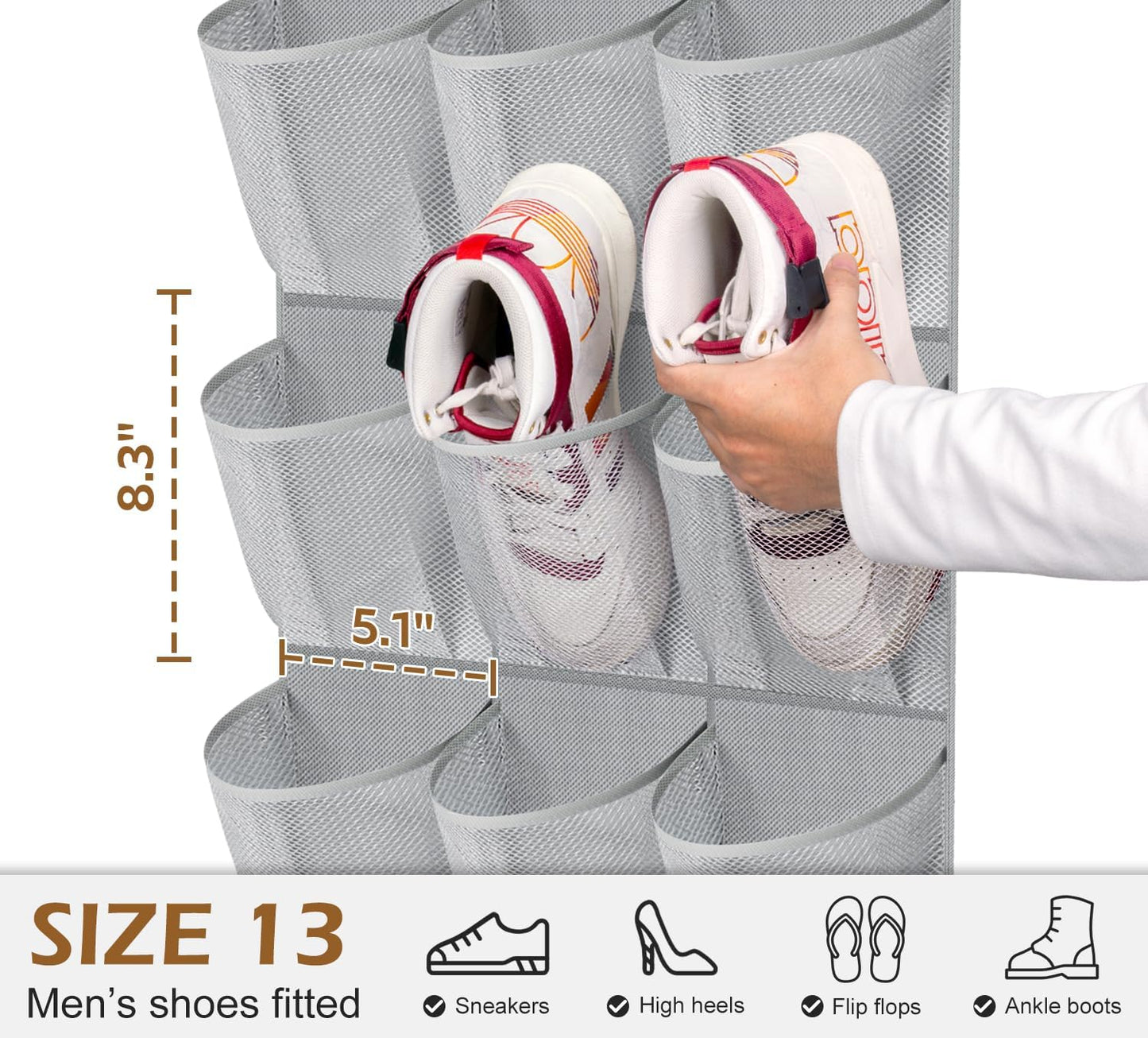 30 Large Pockets Dual Sided Hanging Shoe Organizer for Closet with Rotating Hanger Hanging Shoe Shelves, Grey
