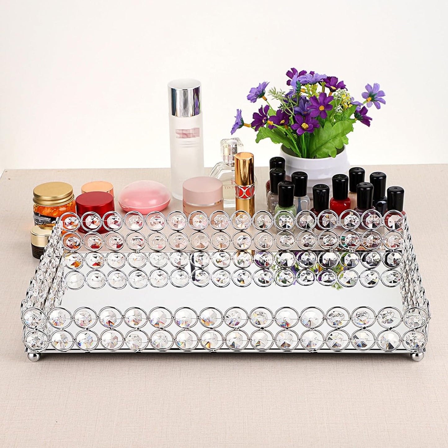 Crystal Cosmetic Vanity Tray, Mirrored Decorative Jewelry Organizer Tray for Perfume, Trinket, Makeup Display Dresser Home Decor (Large, Silver)