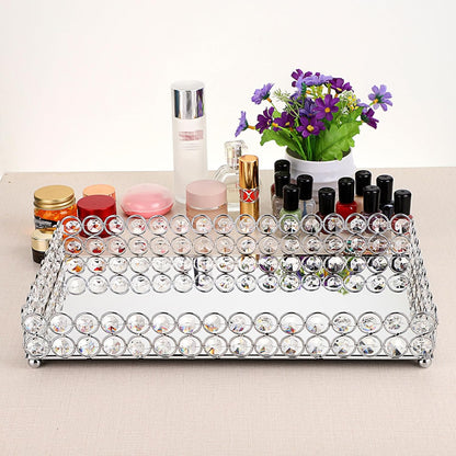 Crystal Cosmetic Vanity Tray, Mirrored Decorative Jewelry Organizer Tray for Perfume, Trinket, Makeup Display Dresser Home Decor (Large, Silver)