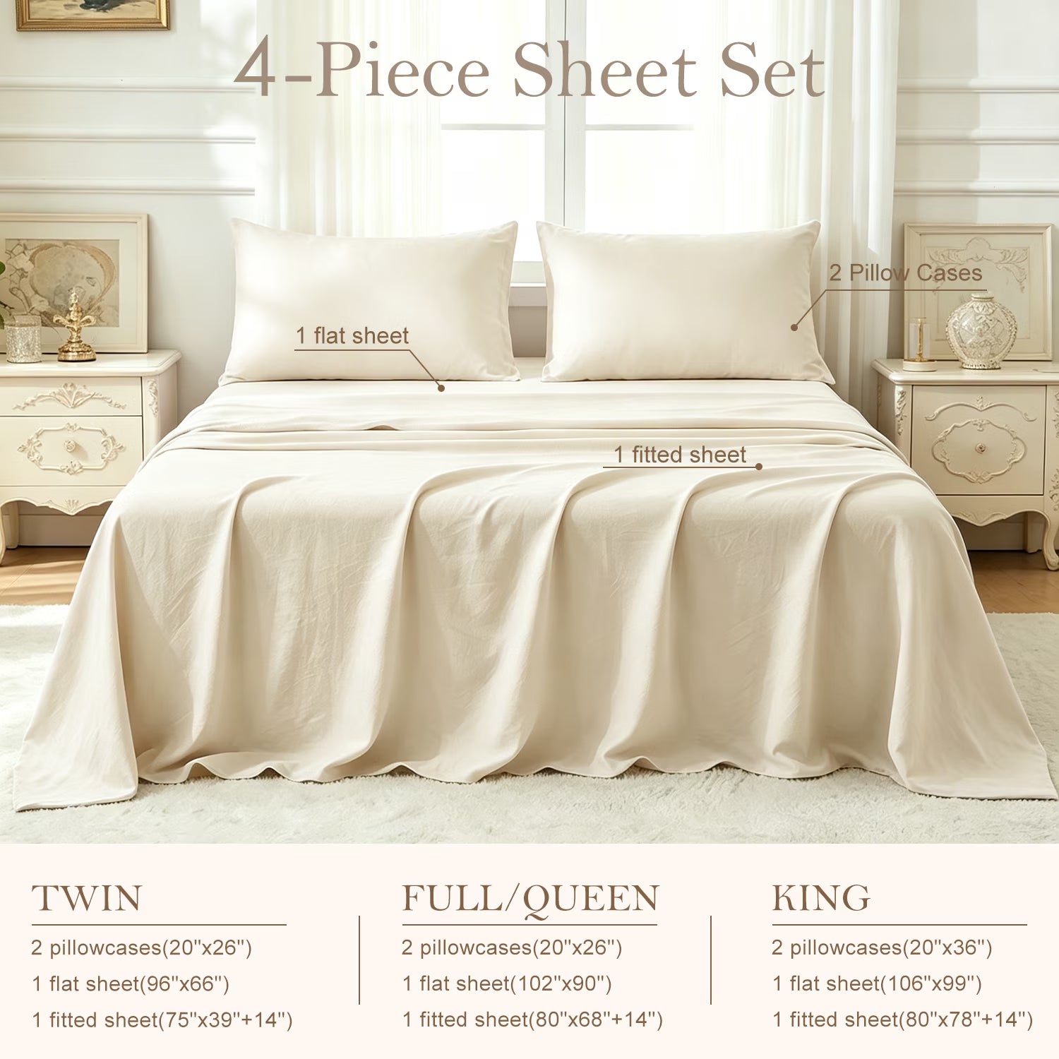 Bed Sheets Set 4 Piece King Sheet Set Cream Cotton Blend Fitted Sheet, Flat Sheet & 2 Pillowcases Bedding Set