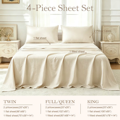 Bed Sheets Set 4 Piece King Sheet Set Cream Cotton Blend Fitted Sheet, Flat Sheet & 2 Pillowcases Bedding Set