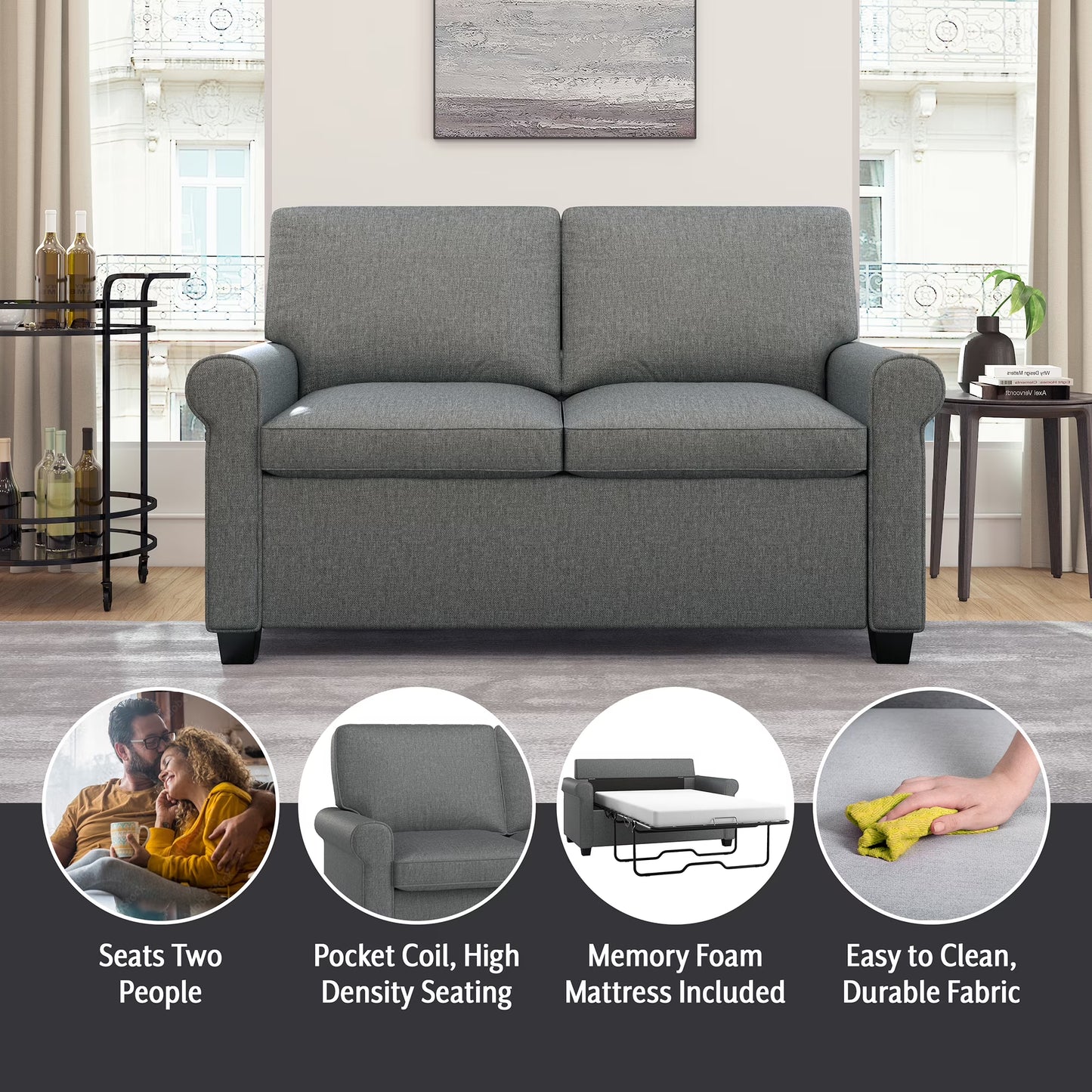 Tatum Twin Sleeper 56.25" Loveseat, Dark Gray