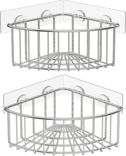 2-Pack Corner Shower Caddy, SUS304 Stainless Steel, Wall Mounted Bathroom Shelf with Adhesive, Storage Organizer for Toilet, Dorm and Kitchen (Silver)