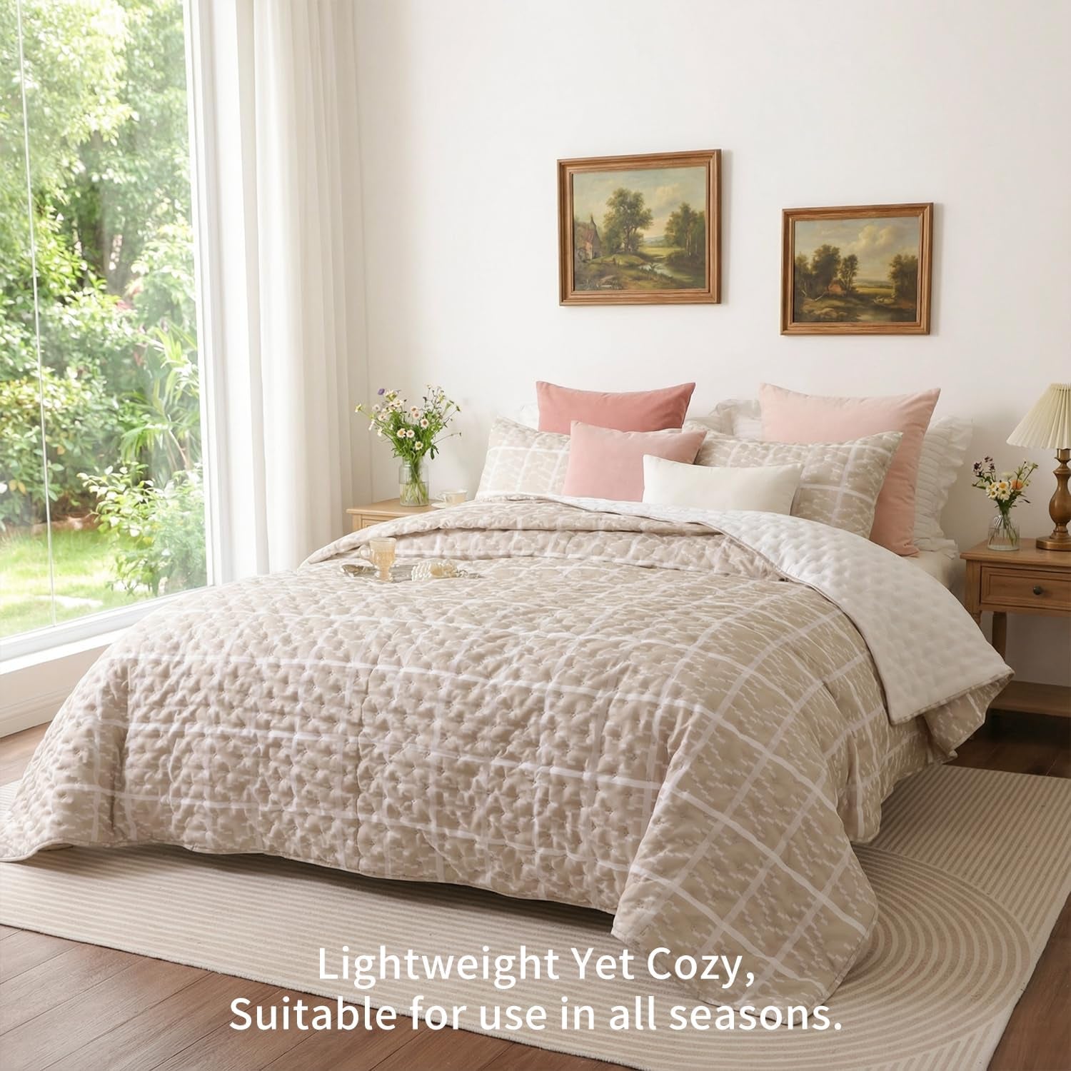 Beige King Size Quilt Set, Oversized Lightweight Textured Bedspread Coverlet with 2 Pillow Shams, Soft Box Stitch Cross Stitch Quilt for All Season Comfort, Tan Beige Bedding, 100"X92"