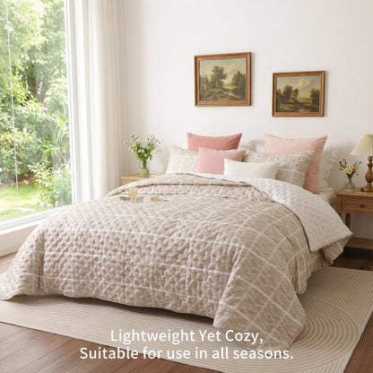 Beige King Size Quilt Set, Oversized Lightweight Textured Bedspread Coverlet with 2 Pillow Shams, Soft Box Stitch Cross Stitch Quilt for All Season Comfort, Tan Beige Bedding, 100"X92"