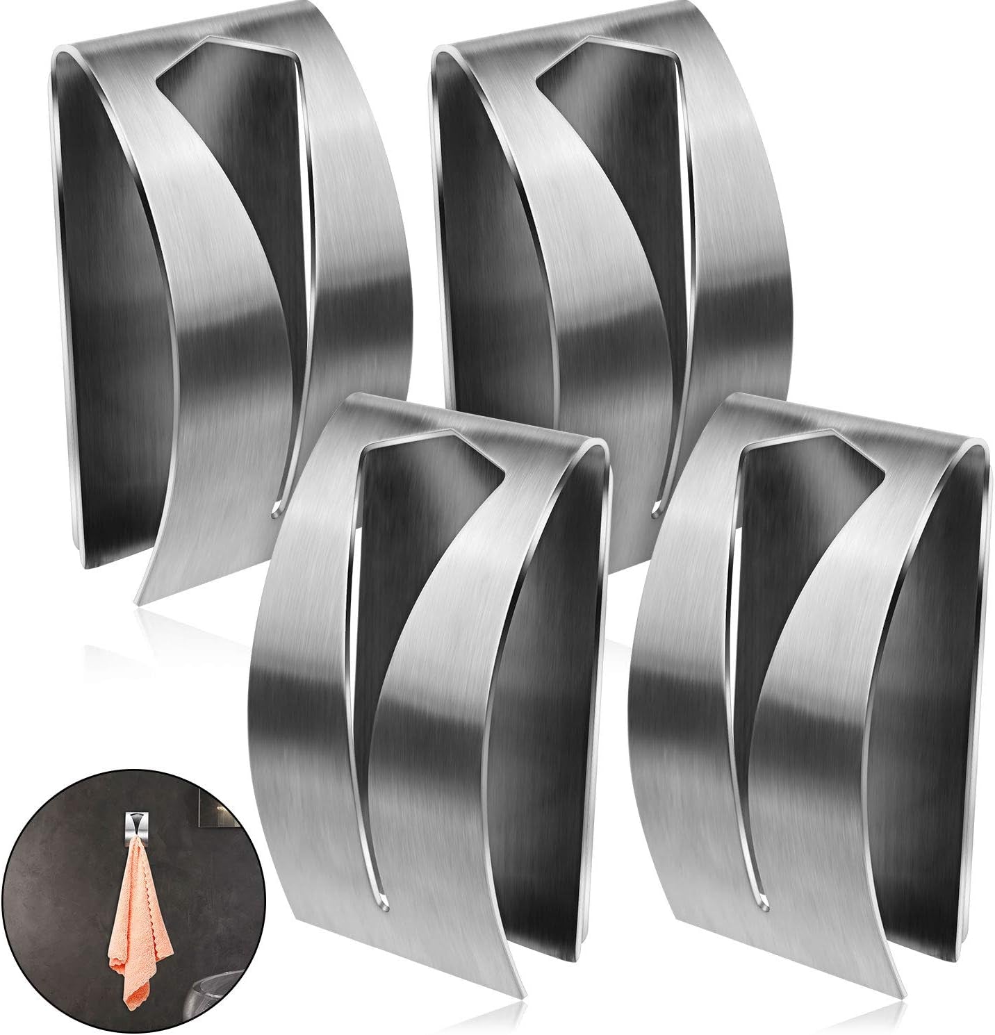 4 Pcs Self Adhesive Towel Hook Holder Grabber Stainless Steel Kitchen Dish Towel Hook Wall Mount Non Drilling Hangers Rack Hand Tea Holders for Bathroom Accesories Kitchen Gadgets(Brown)