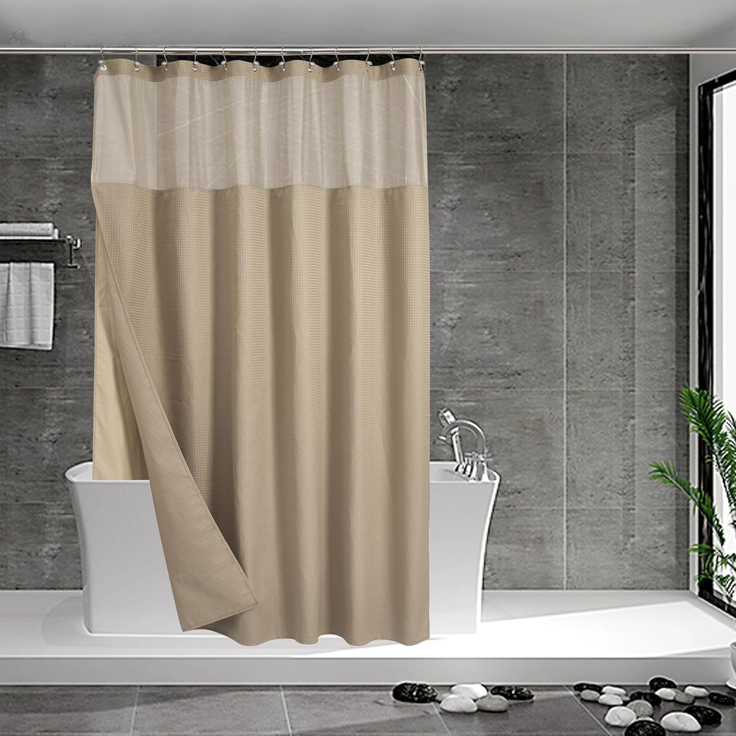 Waffle Weave Shower Curtain with Snap-In Fabric Liner & Hooks Set - Hotel Style, Waterproof & Washable, Heavyweight Fabric & Mesh Top Window - 71X72, Sage Green