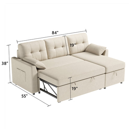 Sectional Sofa with Storage and Soft Seat, Reversible Chaise, Pull Out Bed for Living Room, Beige