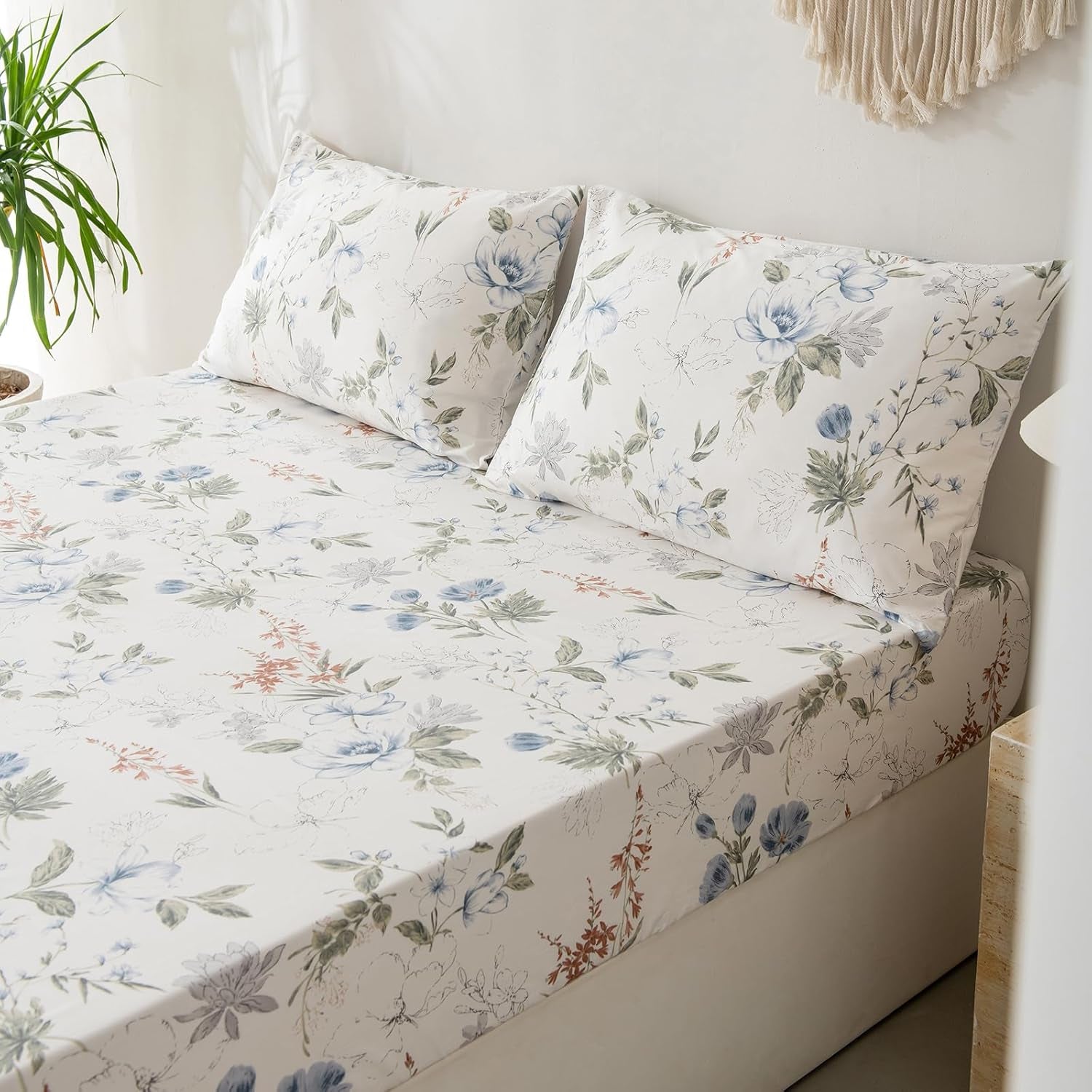 Green Floral Sheet Set 100% Cotton Sheets - Crispy Cooling Percale Sheets for King Size Bed, Breathable & Durable Queen Sheet Set, 3 Pieces All Seasons Sheet Set