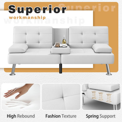 Futon Sofa Bed Faux Leather Couch Modern Convertible Folding Recliner with 2 Cup Holders