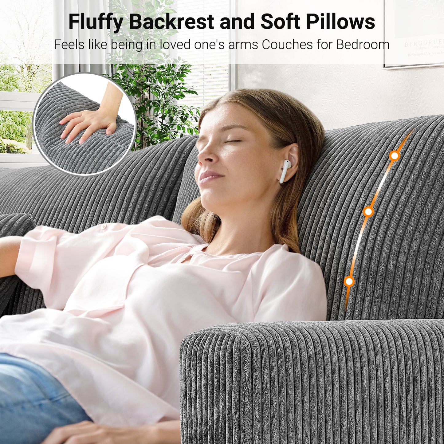 87" Corduroy Sofa,3 Seater Sofa Extra Deep Seats, Comfy Upholstered Couch for Living Room,2 Pillows,Gray