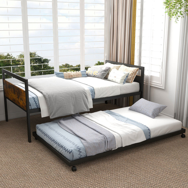 Twin Metal Daybed with Trundle Lockable Wheels