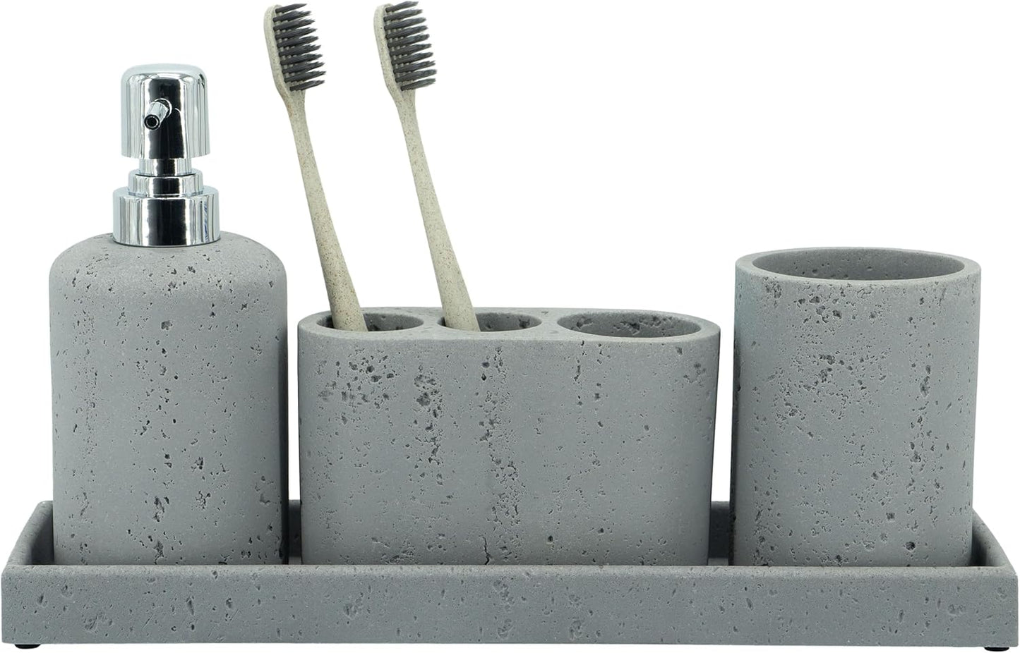 - Black Bathroom Accessories Set 4 Pcs - Toothbrush Holder, Soap Dispenser, Vanity Tray, Bathroom Tumbler - Countertop Vanity Organizer - Bathroom Accessory Set- Toothbrush Holder Set, Stone Sets