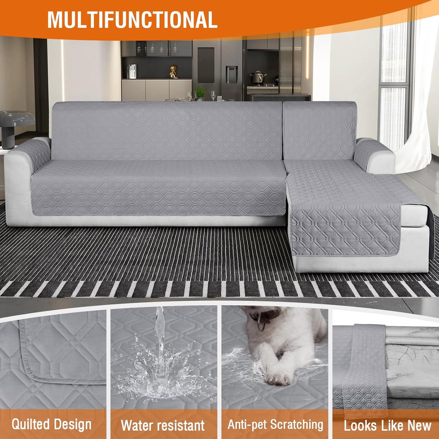 Sectional Couch Covers 100% Waterproof L Shaped Sofa Slipcover 3Pcs Reversible Chaise Lounge Cover for Sectional Sofa Furniture Protector Cover for Pets Cat Dog(X-Large, Light Gray)