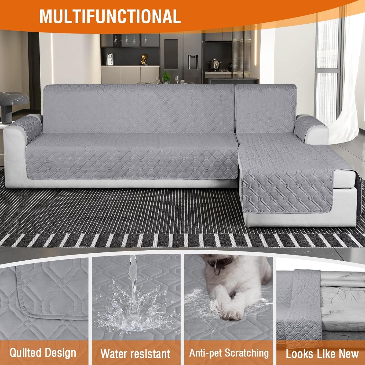 Sectional Couch Covers 100% Waterproof L Shaped Sofa Slipcover 3Pcs Reversible Chaise Lounge Cover for Sectional Sofa Furniture Protector Cover for Pets Cat Dog(X-Large, Light Gray)