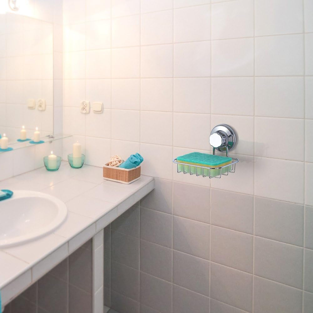 Suction Cup Soap Holder, Soap Dish Saver Tray Bar Soap Sponge Holder for Shower Wall, Bathroom, Tub and Kitchen Sink Stainless Steel