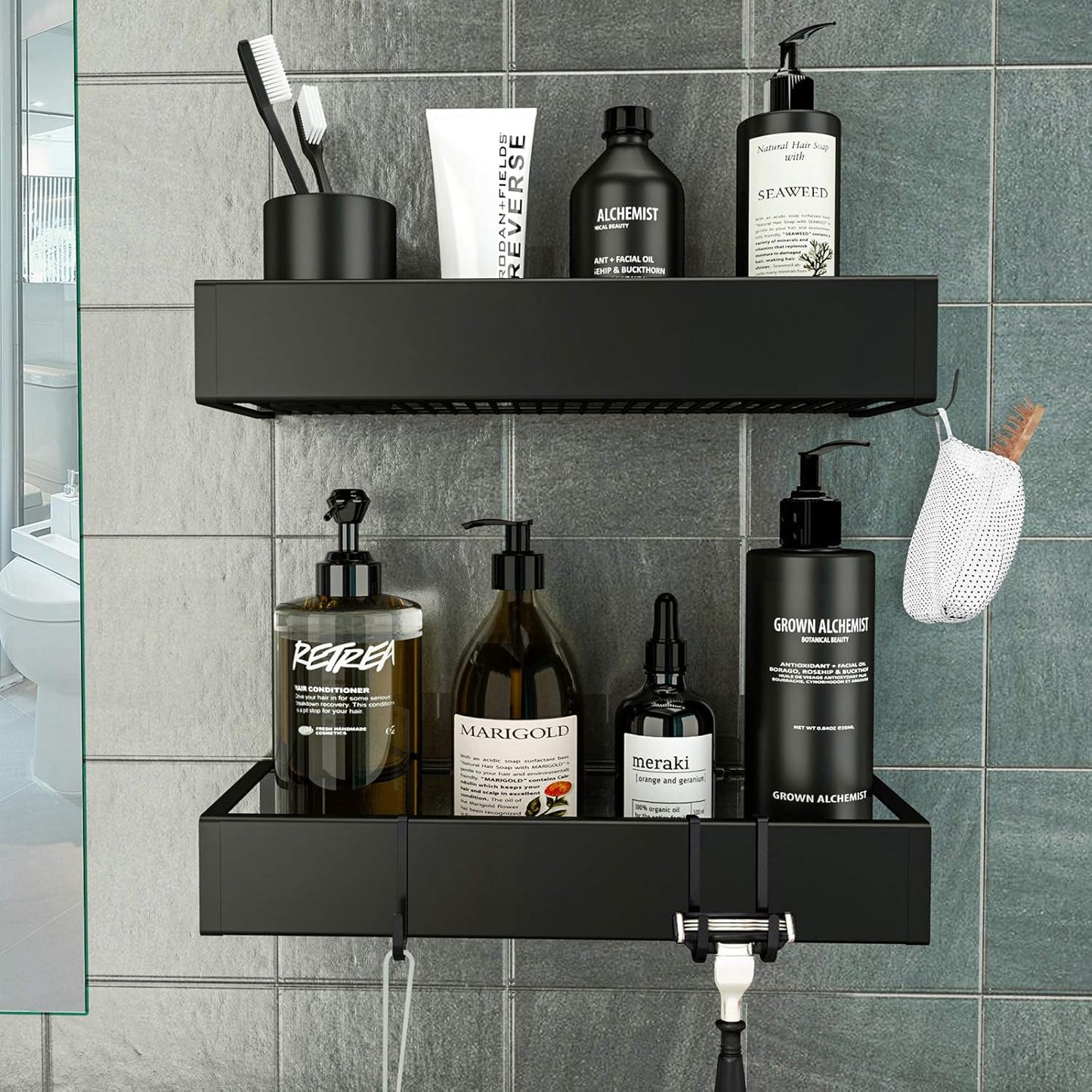 Shower Caddy, Adhesive Shower Organizer with Hooks, Shower Shelves for inside Shower, No Drilling Shower Rack Holder, Shower Storage for Bathroom, Kitchen Spice Rack-2 Pack Black