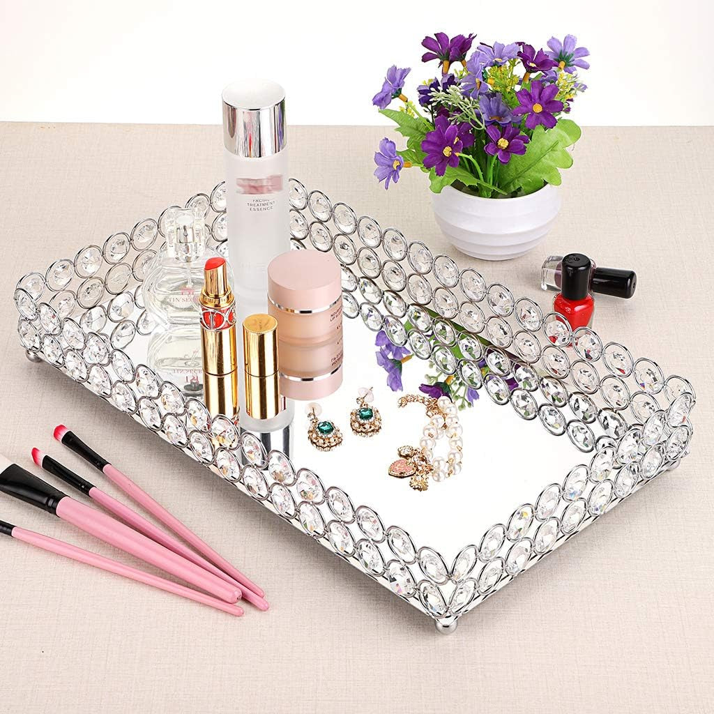 Crystal Cosmetic Vanity Tray, Mirrored Decorative Jewelry Organizer Tray for Perfume, Trinket, Makeup Display Dresser Home Decor (Large, Silver)