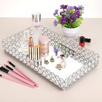 Crystal Cosmetic Vanity Tray, Mirrored Decorative Jewelry Organizer Tray for Perfume, Trinket, Makeup Display Dresser Home Decor (Large, Silver)