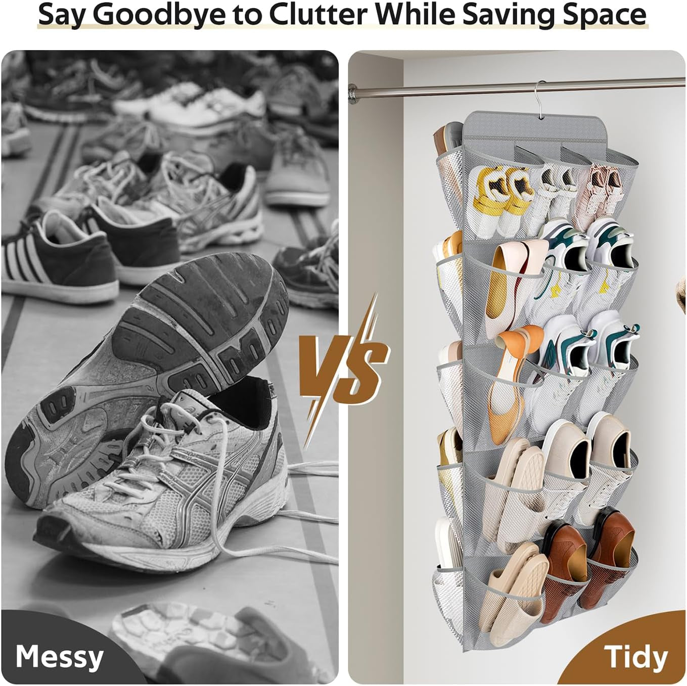 30 Large Pockets Dual Sided Hanging Shoe Organizer for Closet with Rotating Hanger Hanging Shoe Shelves, Grey