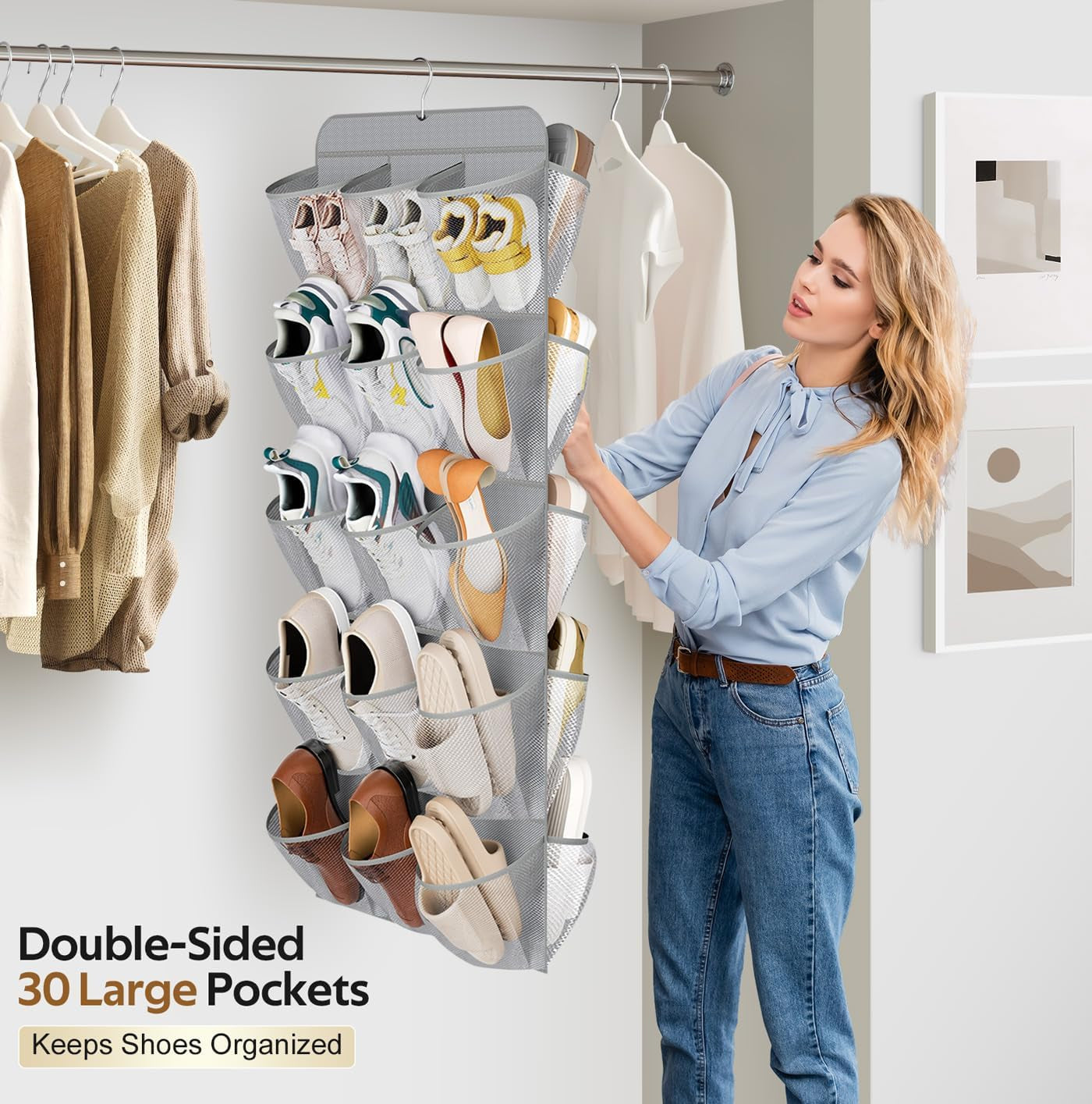 30 Large Pockets Dual Sided Hanging Shoe Organizer for Closet with Rotating Hanger Hanging Shoe Shelves, Grey