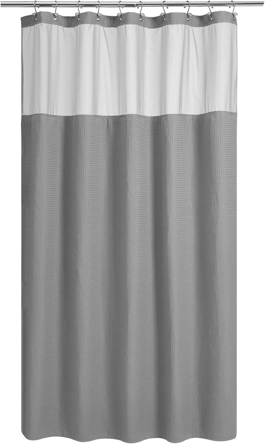 Waffle Weave Shower Curtain with Snap-In Fabric Liner & Hooks Set - Hotel Style, Waterproof & Washable, Heavyweight Fabric & Mesh Top Window - 71X72, Sage Green